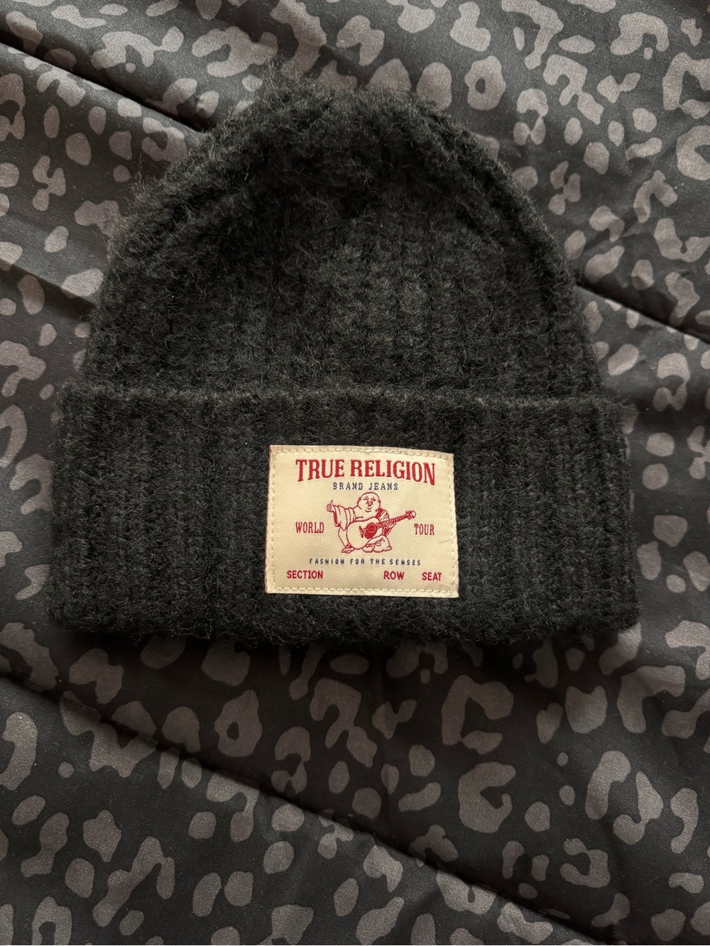 True Religion Black Ribbed Knit Cuffed Beanie with Logo Patch